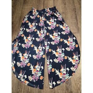 World Market Women's Navy Blue Floral Wide Leg Flowy Pants Small Medium
